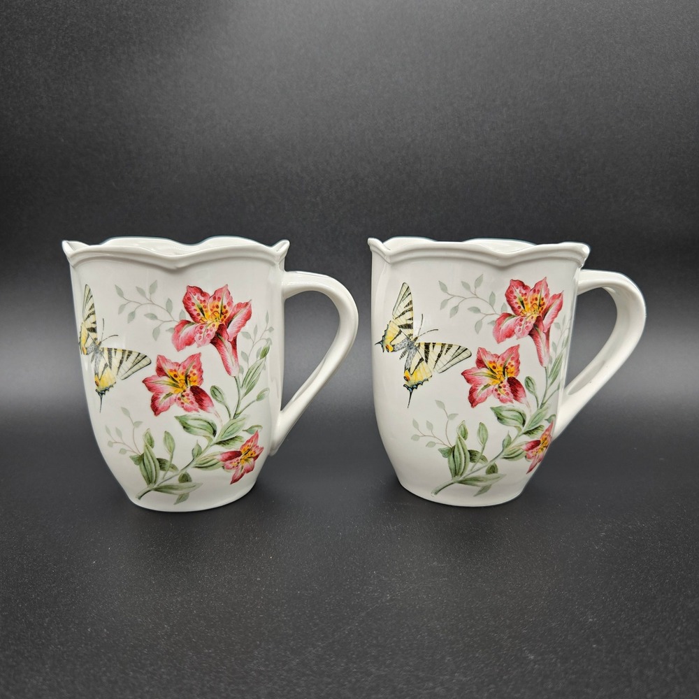 Lenox Butterfly Meadow Mug Set White Floral Butterfly Bee Scalloped Cottagecore